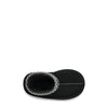 Black slipper with white trim on a white background