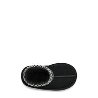 Black slipper with white trim on a white background