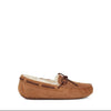 Brown moccasin slipper with fur lining on a white background