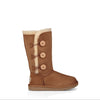 Brown suede boot with white fur lining and three buttons on a white background