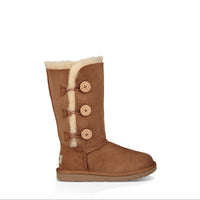 Brown suede boot with white fur lining and three buttons on a white background