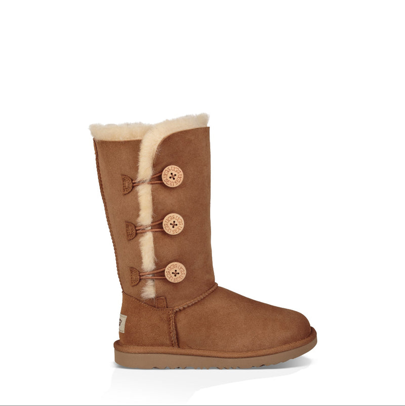Brown suede boot with white fur lining and three buttons on a white background