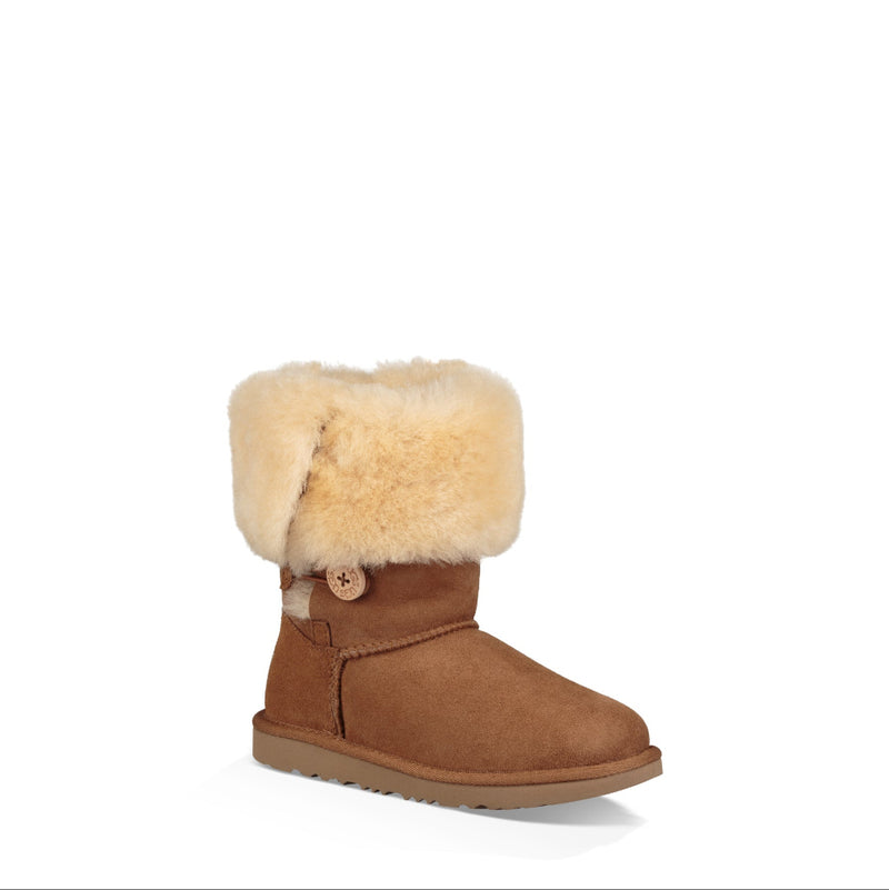 Brown suede boot with beige fur trim on a white background