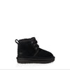 Black suede boot with laces on a white background