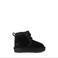 Black suede boot with laces on a white background