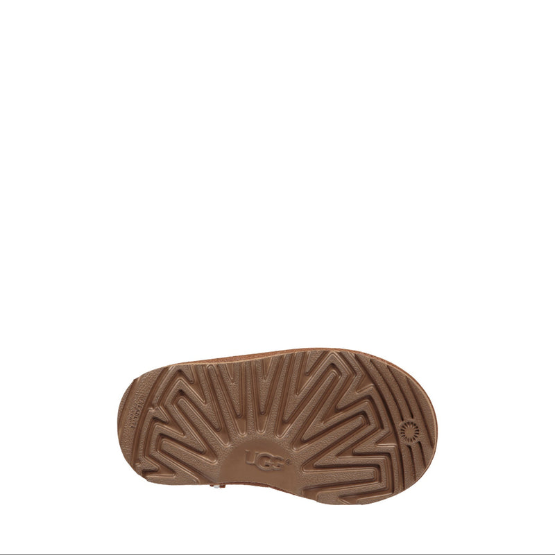 Brown sole of a UGG shoe on a white background