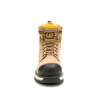 Tan work boot with black sole on a white background
