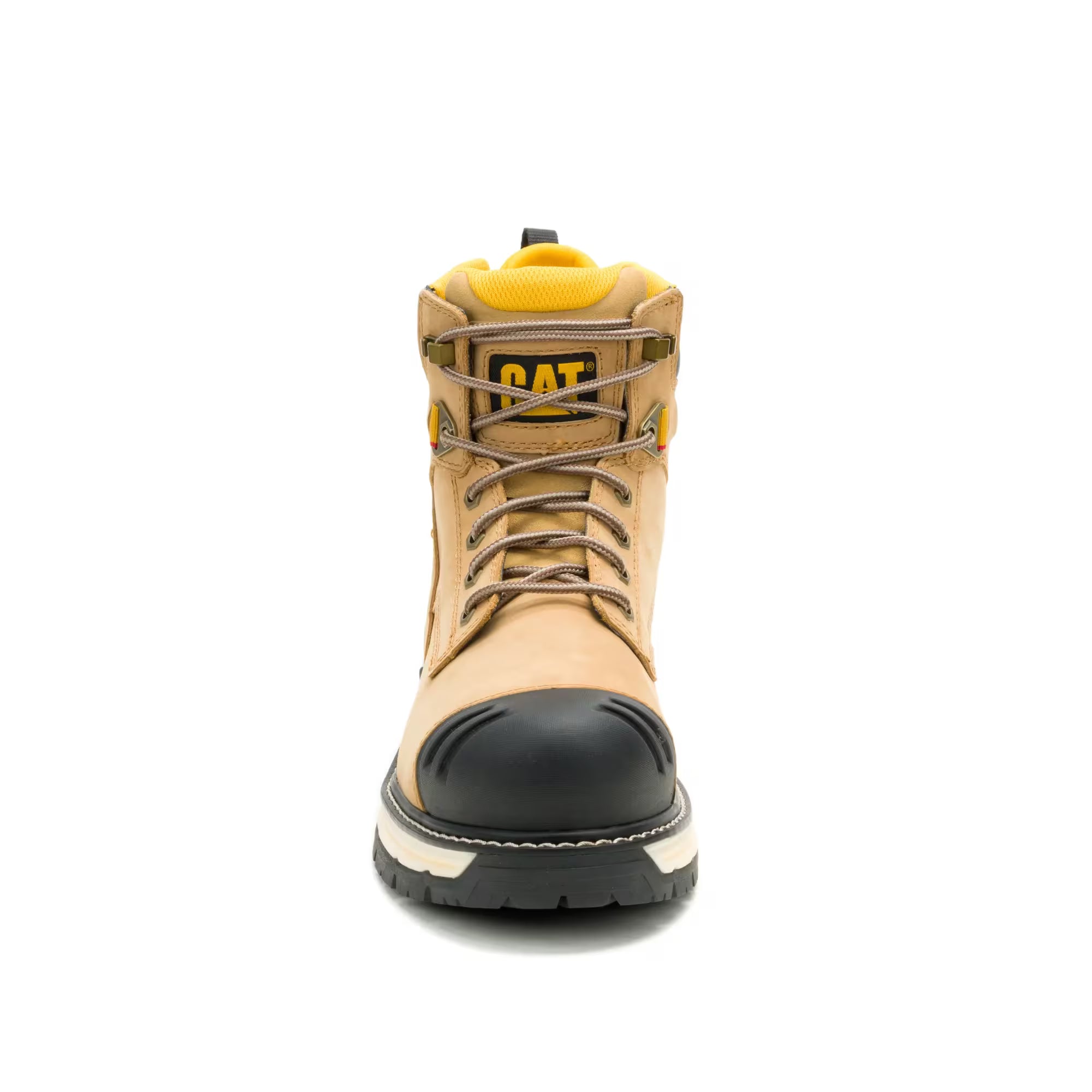 Tan work boot with black sole on a white background