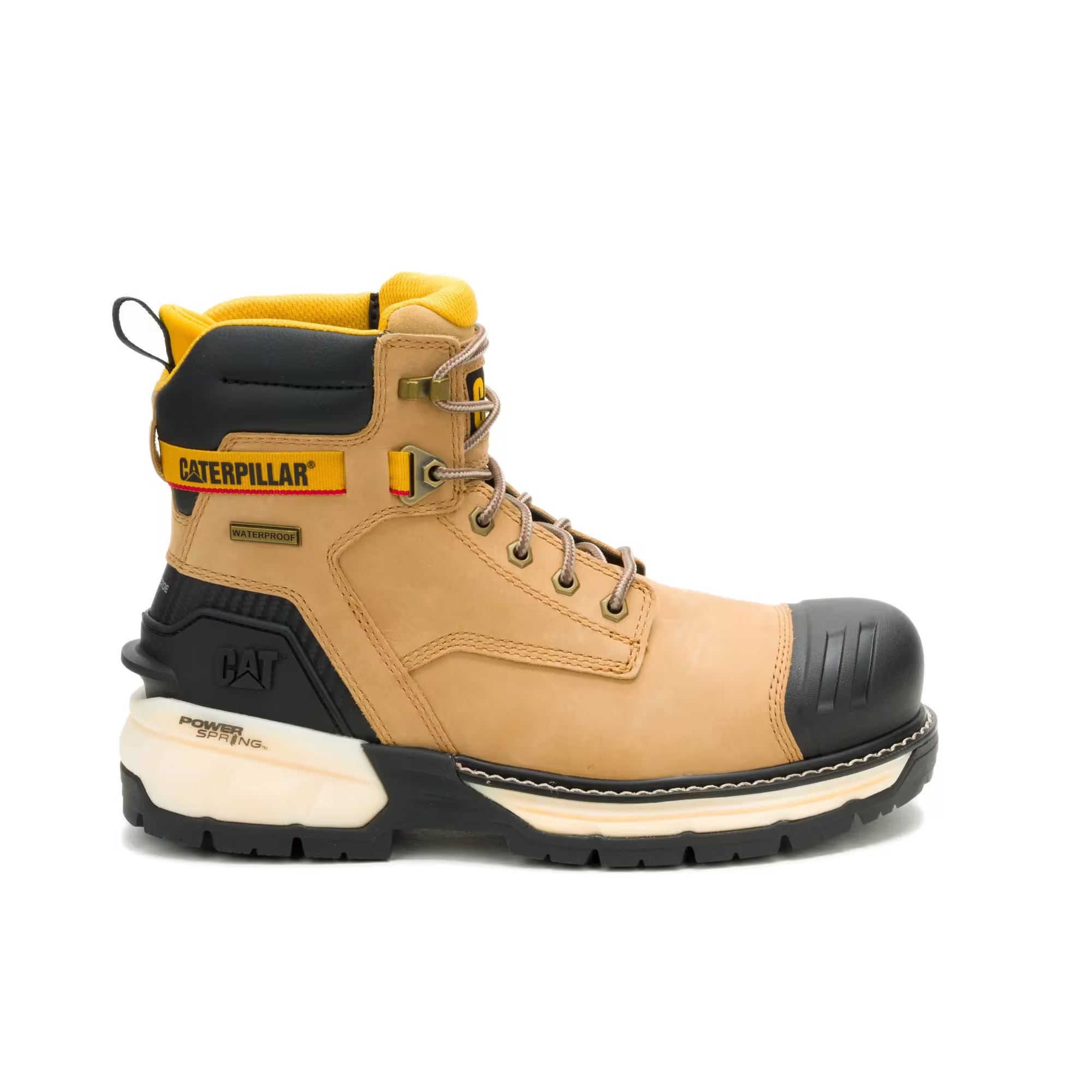 Tan and black work boot with Caterpillar logo on a white background