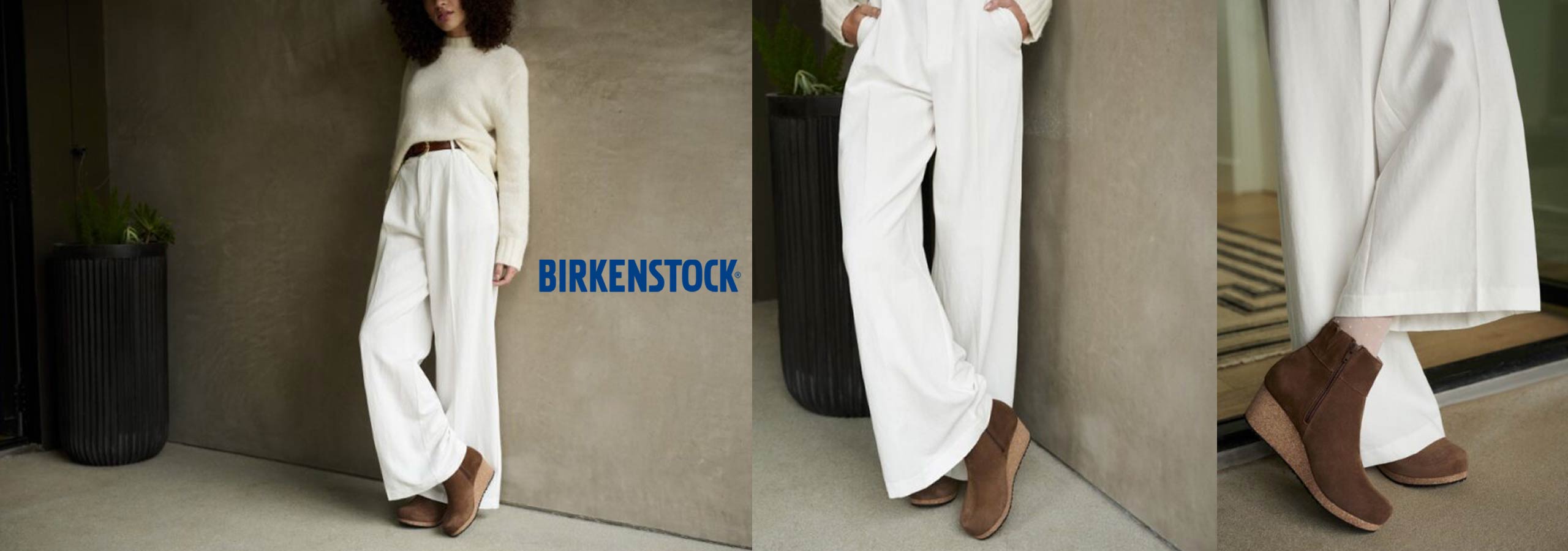 Woman wearing white pants and brown shoes with a Birkenstock logo overlay.