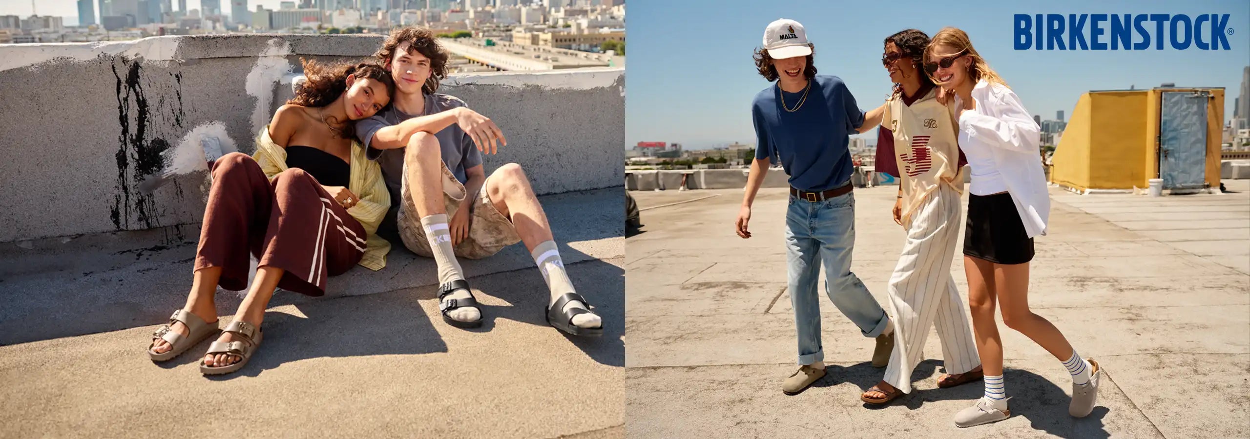 Two scenes of people on a rooftop with a focus on Birkenstock shoes.