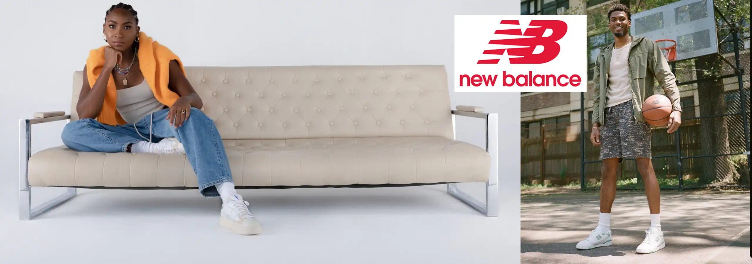 Person sitting on a bench with an orange towel, New Balance logo displayed.