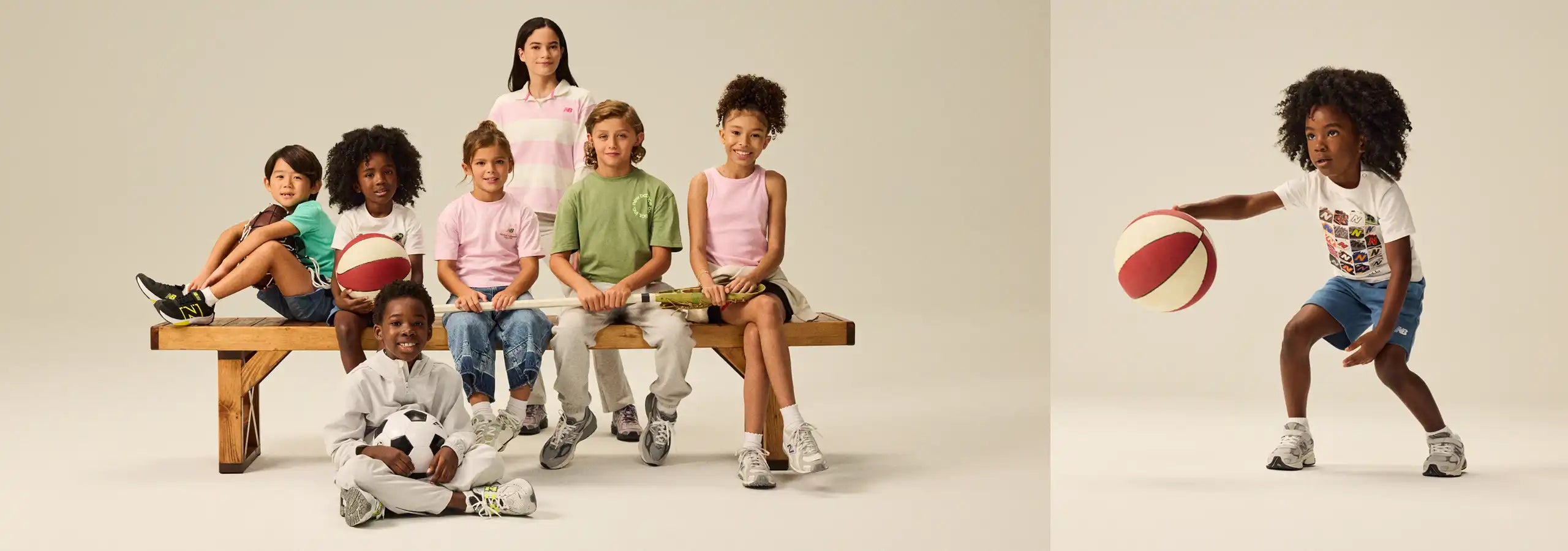 Children sitting on a bench with a child playing with a basketball on a beige background