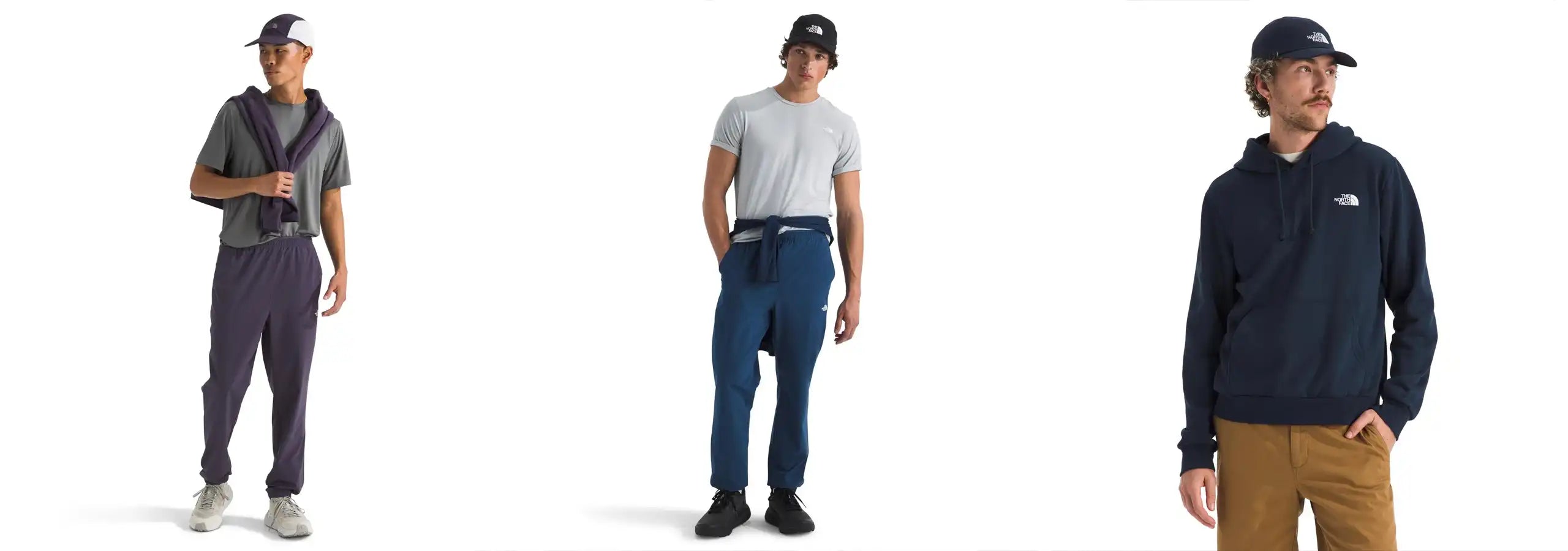 Three men wearing The North Face clothing on a white background